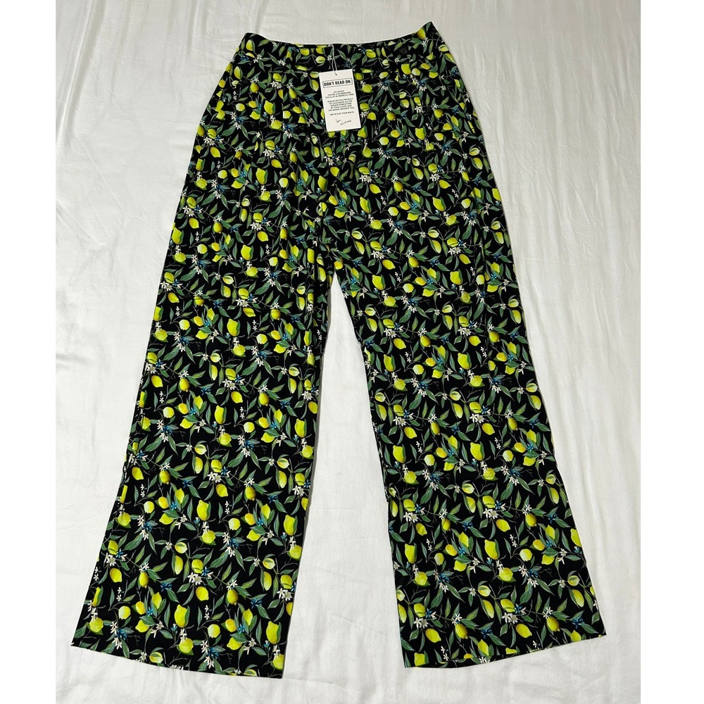 Wildfang Women The Empower Wide Leg Trouser Lemon Print Black Yellow Pants Sz 10